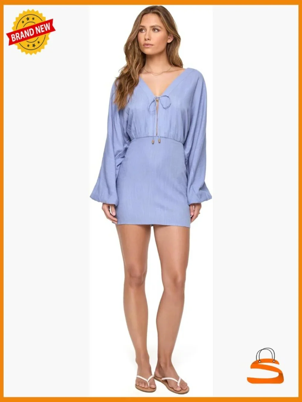 Relaxed Fit Coastal Cover-Up Mini Dress, Plunging V-Neck, Long Sleeve,